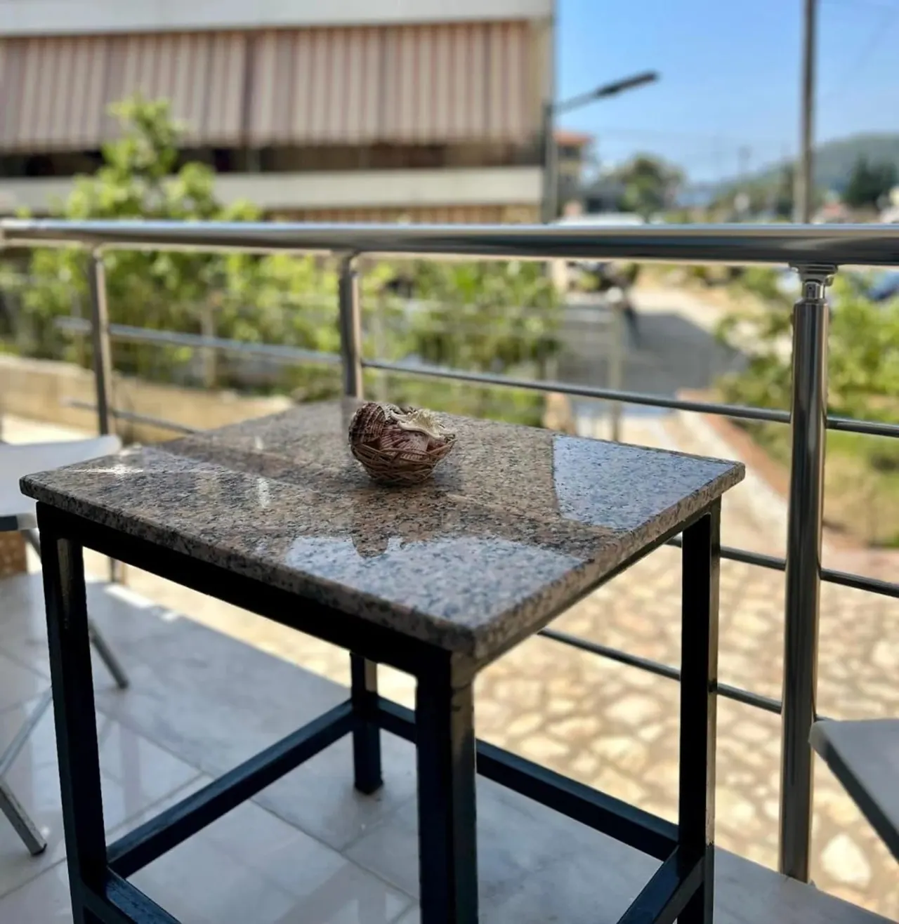 Balcony table looking over the rooftops towards the bay
